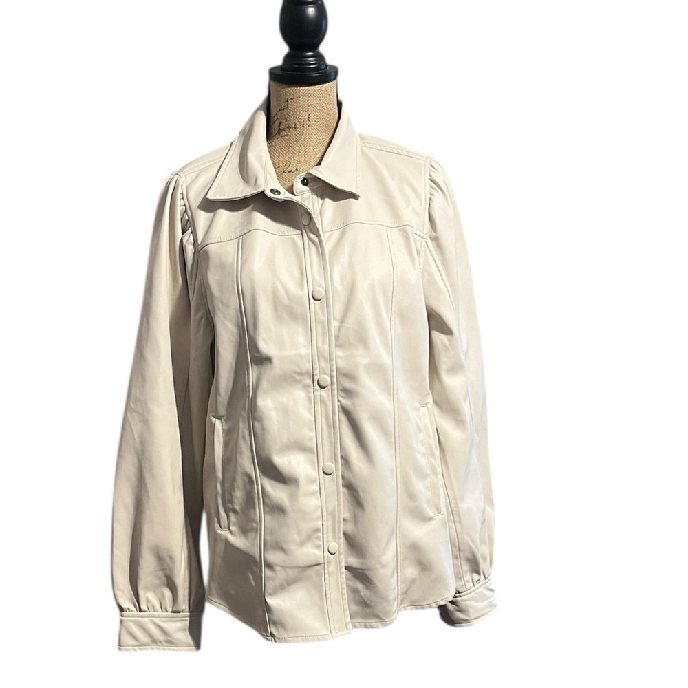 Blank NYC Cream Snap Front Faux Leather Jacket With Pockets.